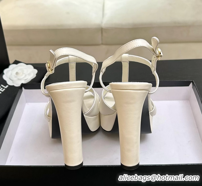 Durable Chanel CC White Leather High Heeled Platform Sandals 6052009