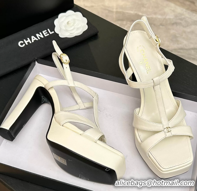 Durable Chanel CC White Leather High Heeled Platform Sandals 6052009