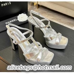 Feminine Chanel CC Silver Leather High Heeled Platform Sandals 6052009