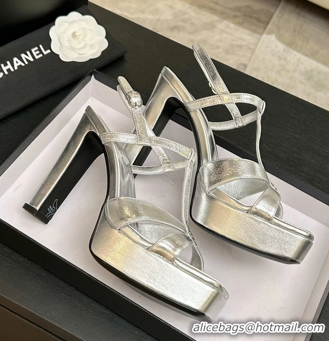 Feminine Chanel CC Silver Leather High Heeled Platform Sandals 6052009