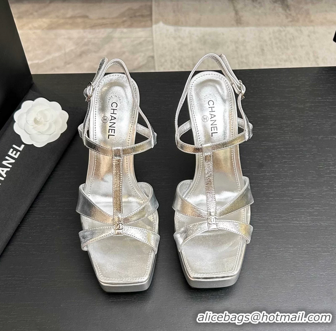 Feminine Chanel CC Silver Leather High Heeled Platform Sandals 6052009