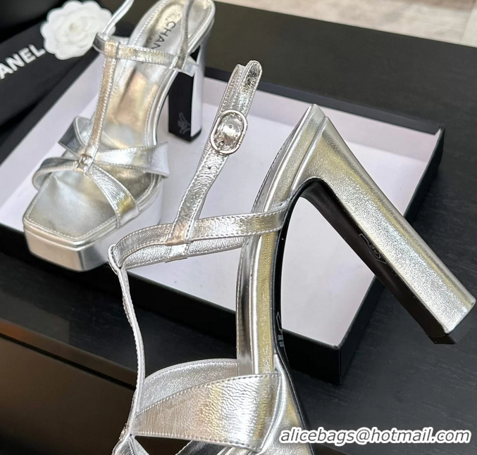 Feminine Chanel CC Silver Leather High Heeled Platform Sandals 6052009
