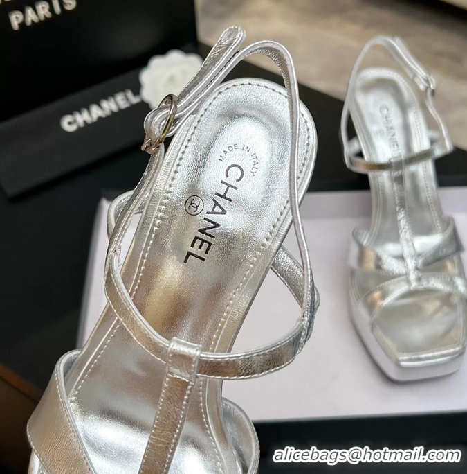 Feminine Chanel CC Silver Leather High Heeled Platform Sandals 6052009