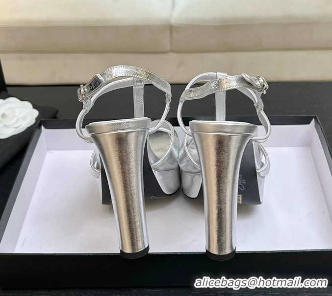 Feminine Chanel CC Silver Leather High Heeled Platform Sandals 6052009