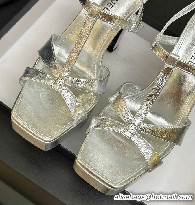 Feminine Chanel CC Silver Leather High Heeled Platform Sandals 6052009
