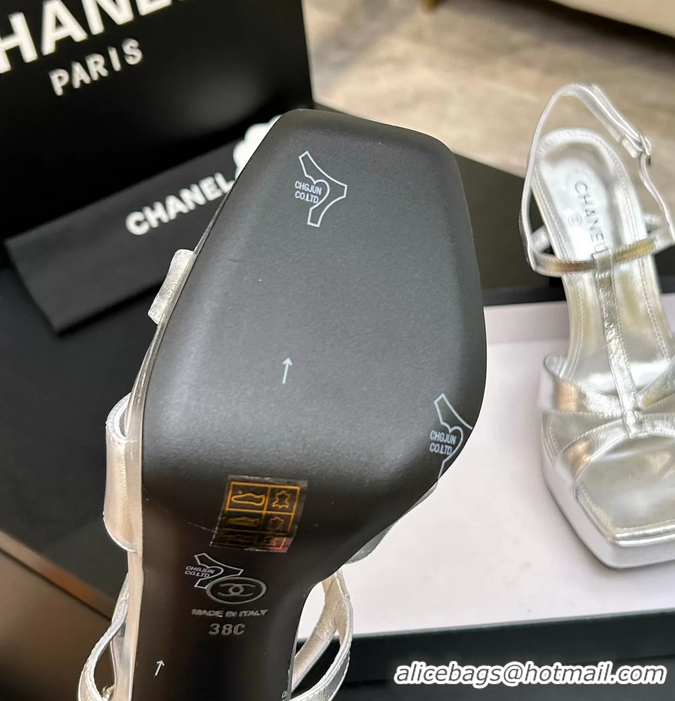 Feminine Chanel CC Silver Leather High Heeled Platform Sandals 6052009