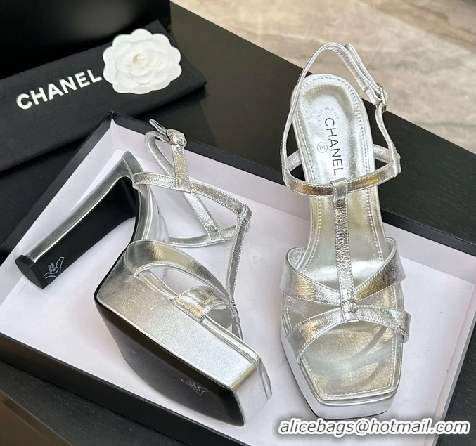 Feminine Chanel CC Silver Leather High Heeled Platform Sandals 6052009