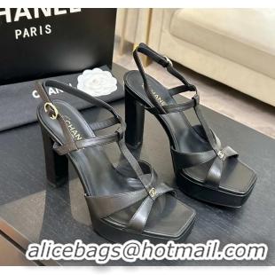 Stylish Chanel CC Black Leather High Heeled Platform Sandals 6052009