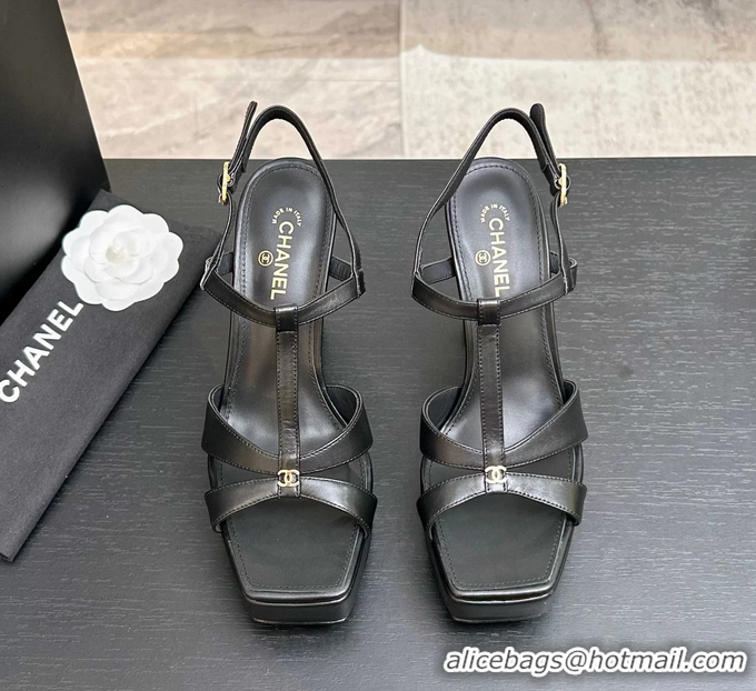 Stylish Chanel CC Black Leather High Heeled Platform Sandals 6052009