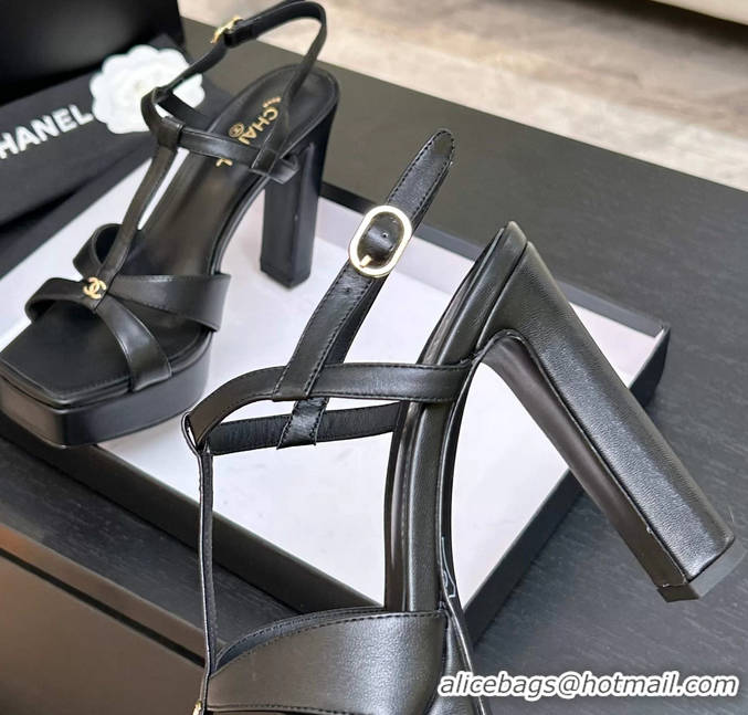 Stylish Chanel CC Black Leather High Heeled Platform Sandals 6052009