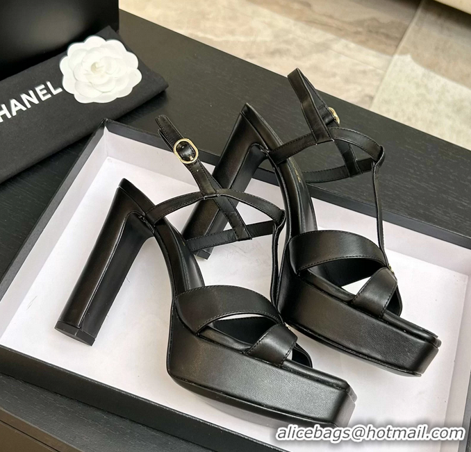 Stylish Chanel CC Black Leather High Heeled Platform Sandals 6052009