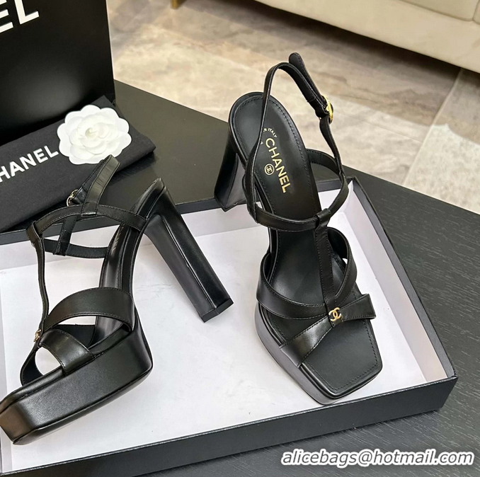 Stylish Chanel CC Black Leather High Heeled Platform Sandals 6052009