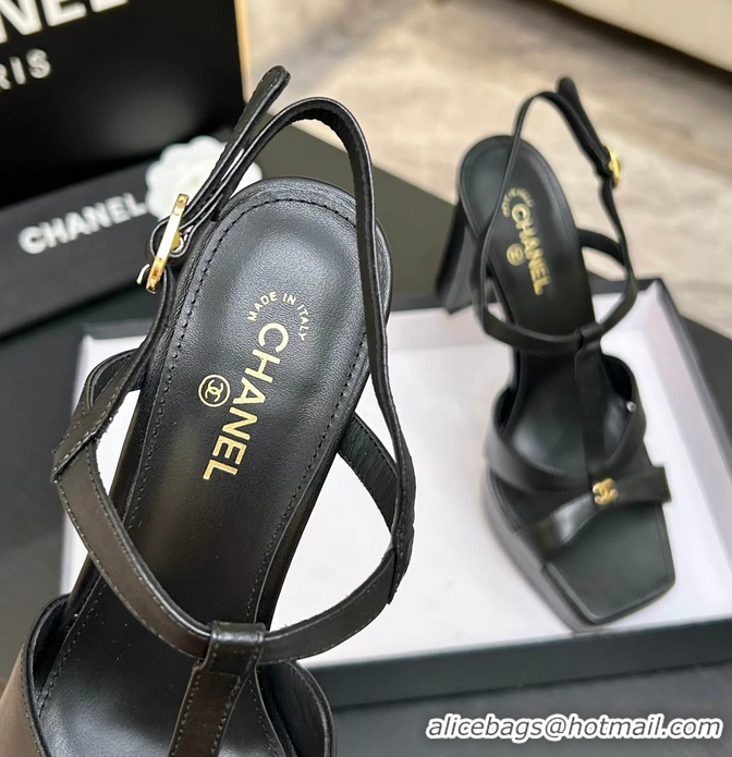 Stylish Chanel CC Black Leather High Heeled Platform Sandals 6052009
