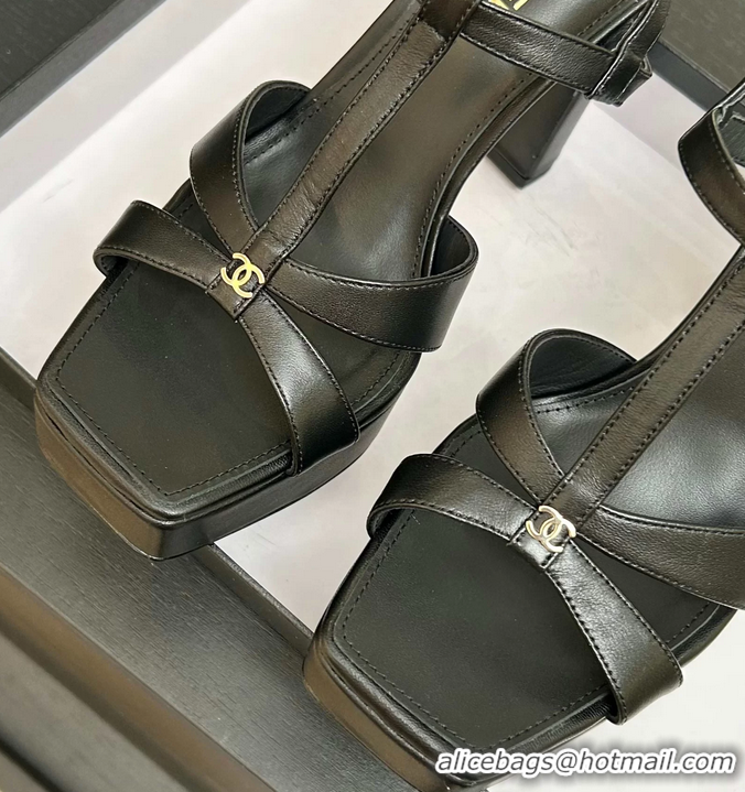 Stylish Chanel CC Black Leather High Heeled Platform Sandals 6052009