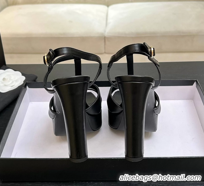 Stylish Chanel CC Black Leather High Heeled Platform Sandals 6052009