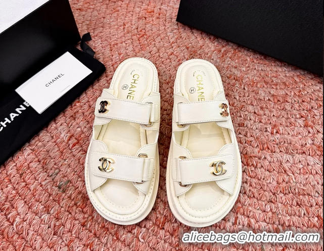 Unique Chanel CC Dad White Leather Platform Slides Sandals 6052101