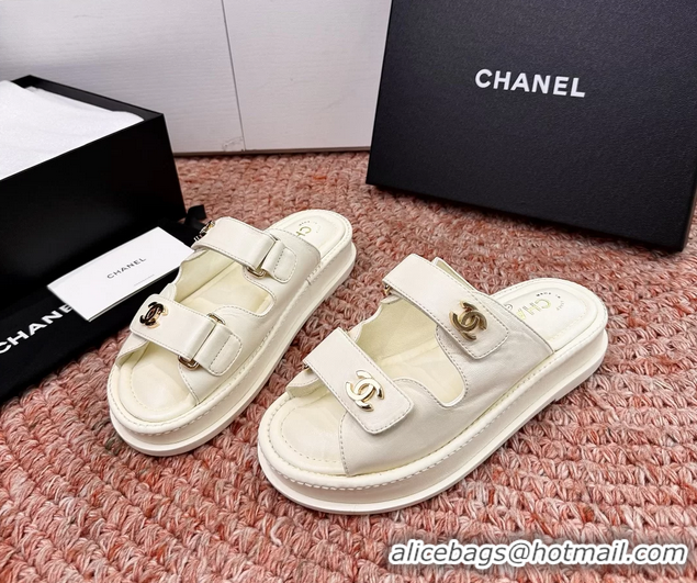 Unique Chanel CC Dad White Leather Platform Slides Sandals 6052101