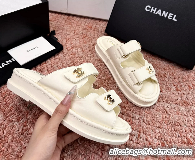 Unique Chanel CC Dad White Leather Platform Slides Sandals 6052101