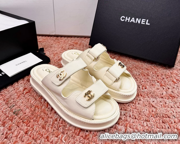 Unique Chanel CC Dad White Leather Platform Slides Sandals 6052101