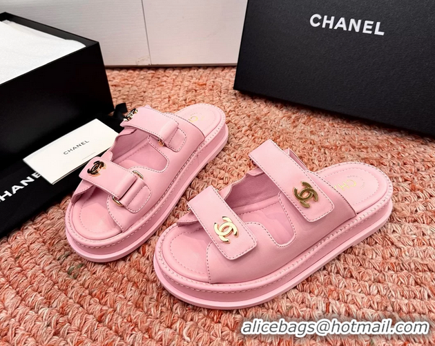 Original Cheap Chanel CC Dad Pink Leather Platform Slides Sandals 6052101