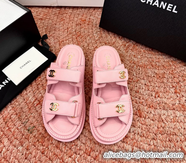 Original Cheap Chanel CC Dad Pink Leather Platform Slides Sandals 6052101