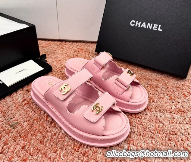 Original Cheap Chanel CC Dad Pink Leather Platform Slides Sandals 6052101
