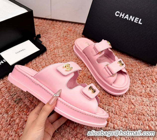 Original Cheap Chanel CC Dad Pink Leather Platform Slides Sandals 6052101