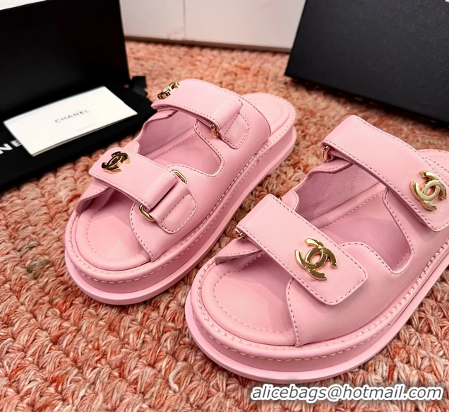 Original Cheap Chanel CC Dad Pink Leather Platform Slides Sandals 6052101