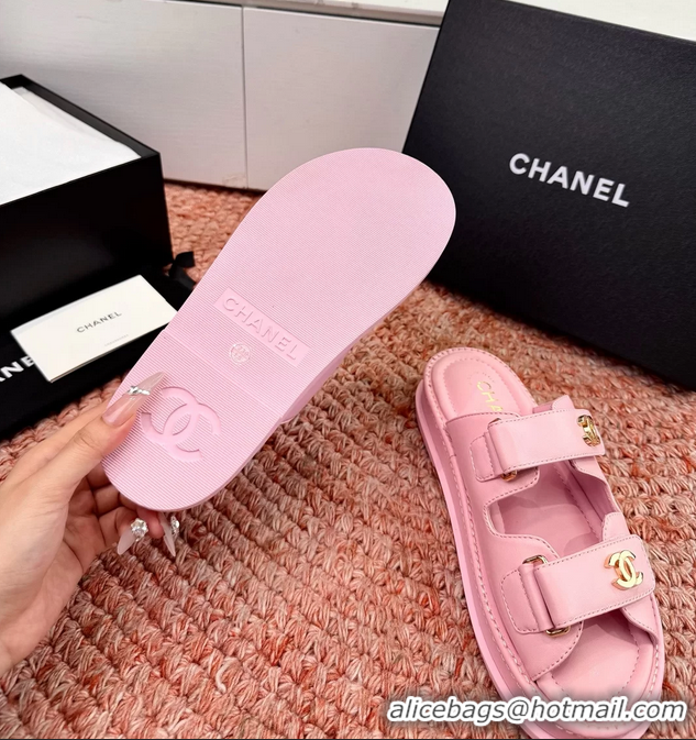 Original Cheap Chanel CC Dad Pink Leather Platform Slides Sandals 6052101