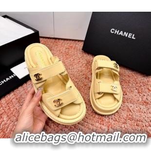 Classic Chanel CC Dad Light Yellow Leather Platform Slides Sandals 6052101