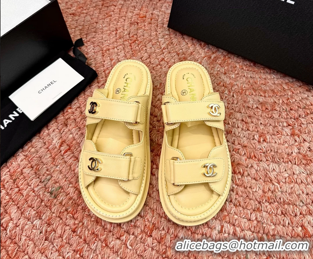 Classic Chanel CC Dad Light Yellow Leather Platform Slides Sandals 6052101