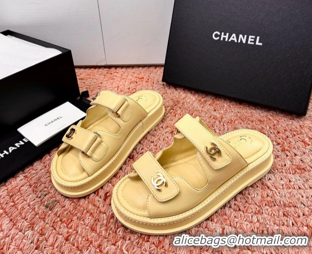 Classic Chanel CC Dad Light Yellow Leather Platform Slides Sandals 6052101