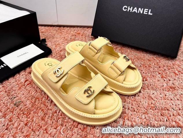 Classic Chanel CC Dad Light Yellow Leather Platform Slides Sandals 6052101