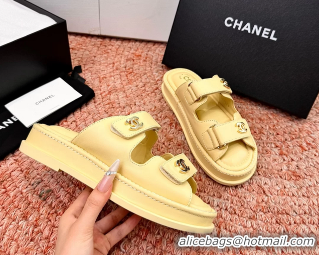 Classic Chanel CC Dad Light Yellow Leather Platform Slides Sandals 6052101