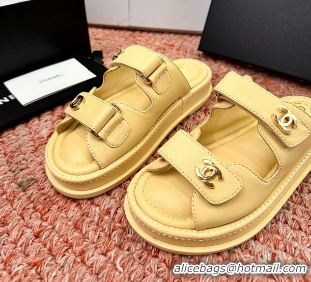 Classic Chanel CC Dad Light Yellow Leather Platform Slides Sandals 6052101