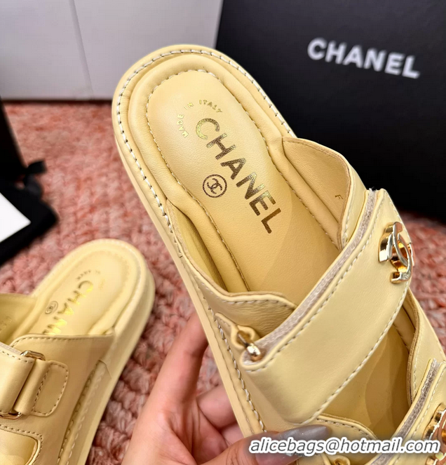 Classic Chanel CC Dad Light Yellow Leather Platform Slides Sandals 6052101