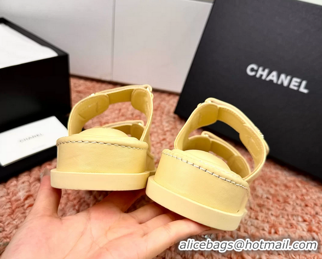 Classic Chanel CC Dad Light Yellow Leather Platform Slides Sandals 6052101