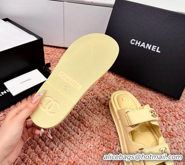 Classic Chanel CC Dad Light Yellow Leather Platform Slides Sandals 6052101
