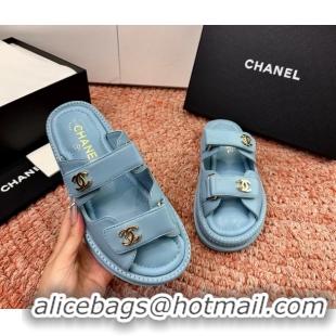Fashion Chanel CC Dad Light Blue Leather Platform Slides Sandals 6052101