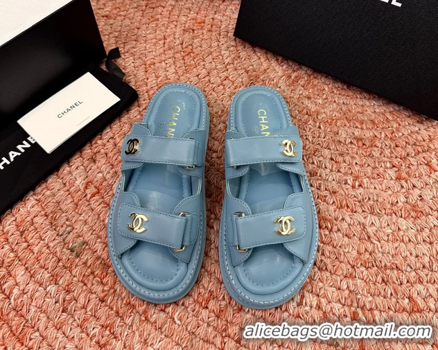 Fashion Chanel CC Dad Light Blue Leather Platform Slides Sandals 6052101