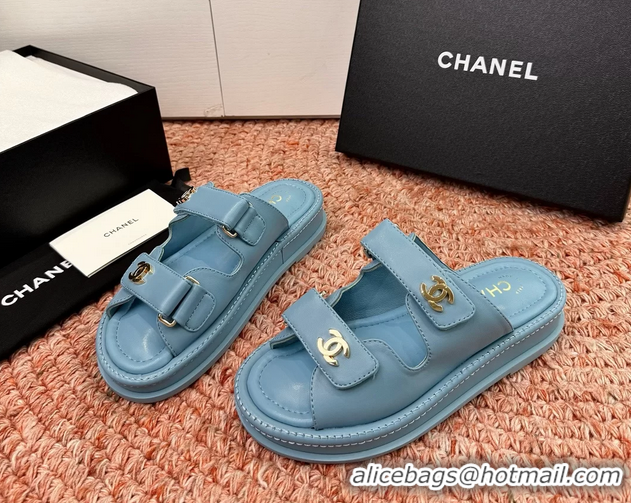 Fashion Chanel CC Dad Light Blue Leather Platform Slides Sandals 6052101