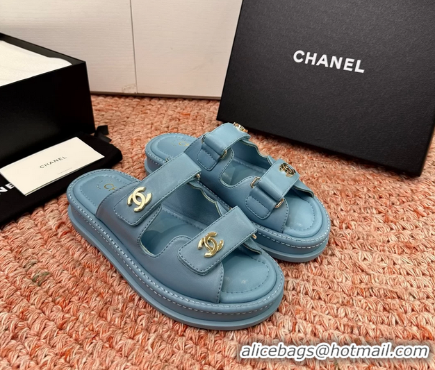 Fashion Chanel CC Dad Light Blue Leather Platform Slides Sandals 6052101