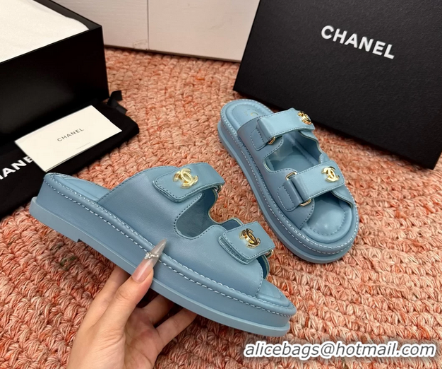 Fashion Chanel CC Dad Light Blue Leather Platform Slides Sandals 6052101
