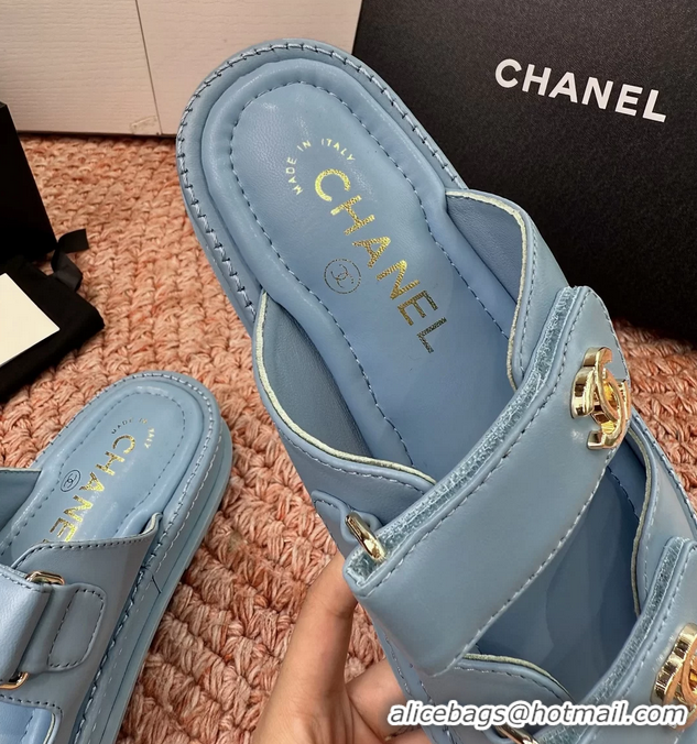 Fashion Chanel CC Dad Light Blue Leather Platform Slides Sandals 6052101