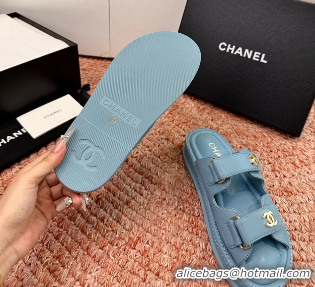 Fashion Chanel CC Dad Light Blue Leather Platform Slides Sandals 6052101