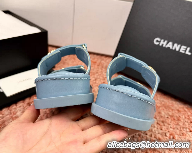 Fashion Chanel CC Dad Light Blue Leather Platform Slides Sandals 6052101