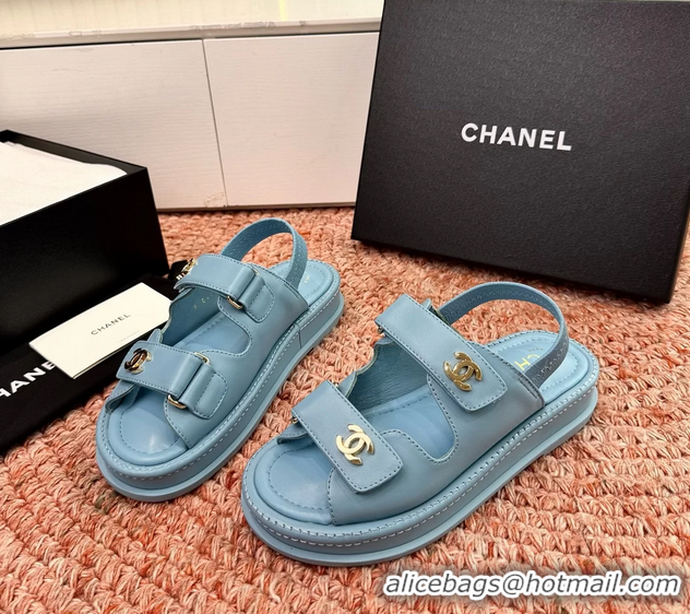 Buy Discount Chanel CC Dad Light Blue Leather Platform Sandals 6052101