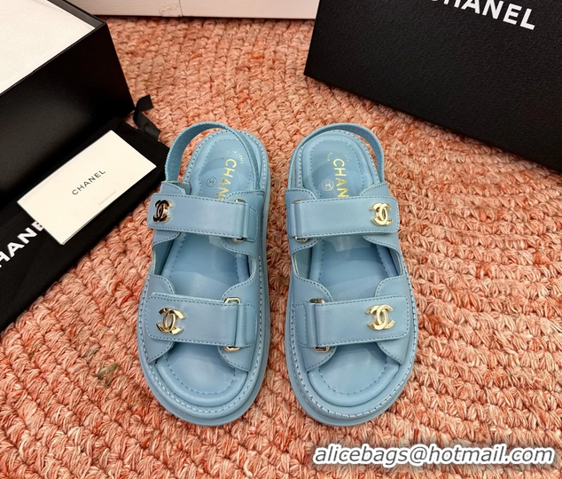 Buy Discount Chanel CC Dad Light Blue Leather Platform Sandals 6052101