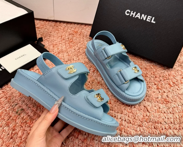 Buy Discount Chanel CC Dad Light Blue Leather Platform Sandals 6052101