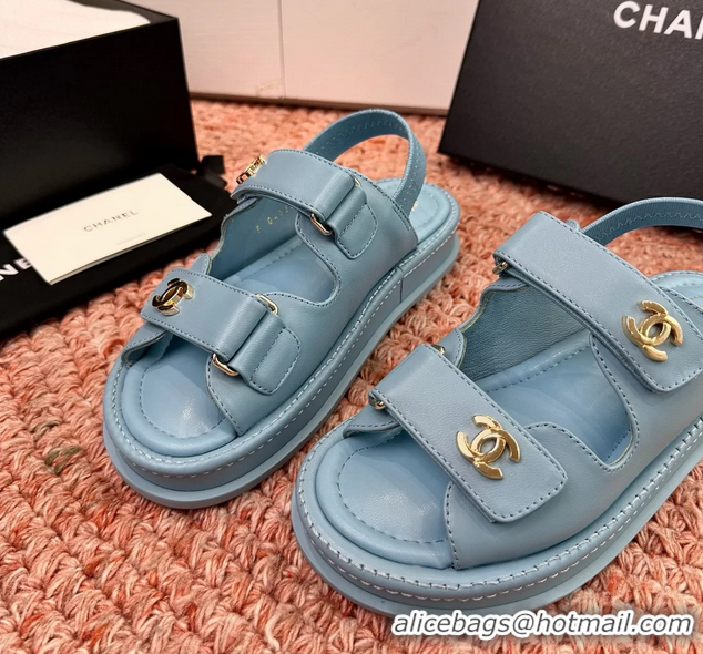 Buy Discount Chanel CC Dad Light Blue Leather Platform Sandals 6052101